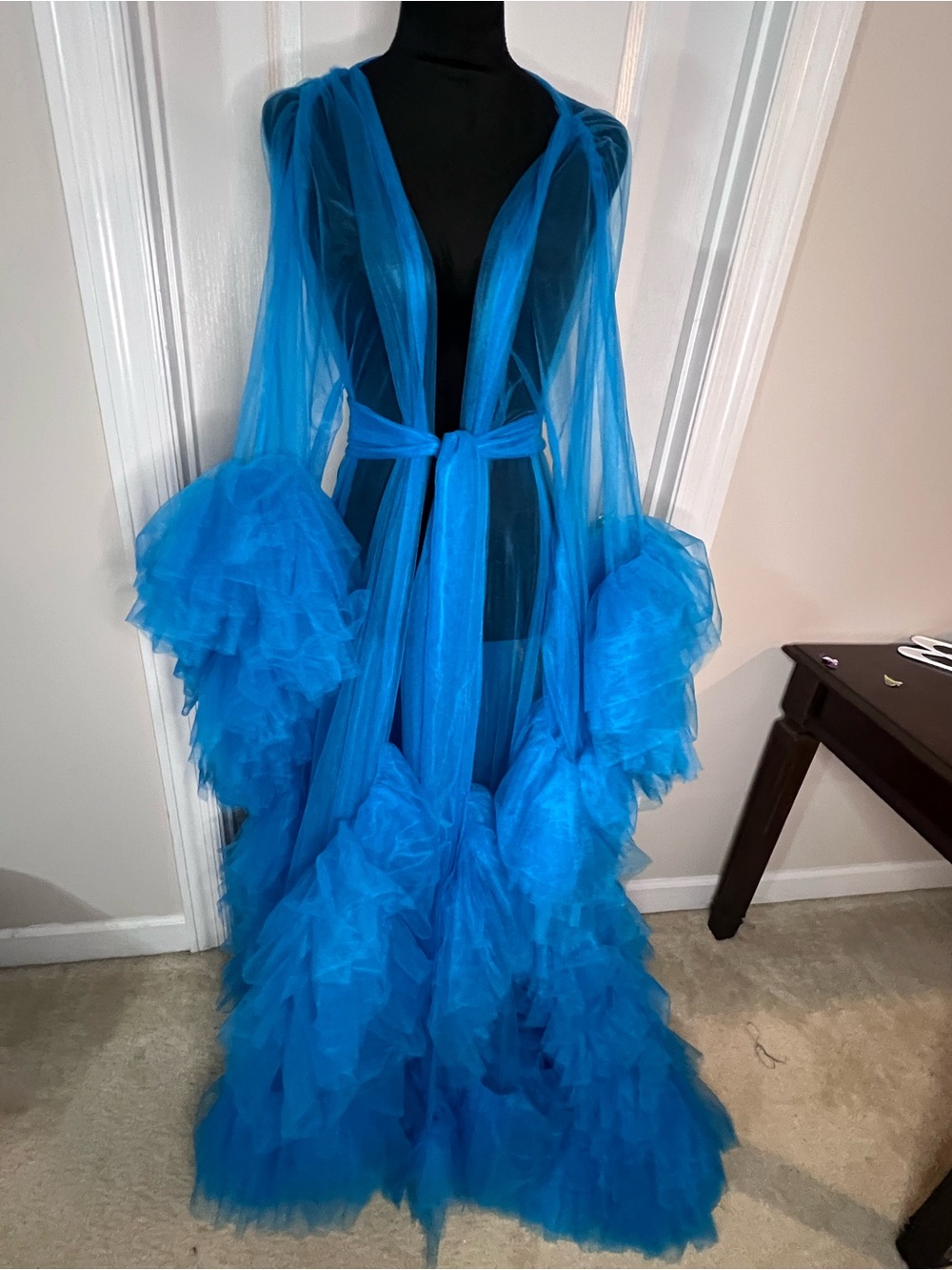 Blue Sheer Tulle Ruffle Robe Dress